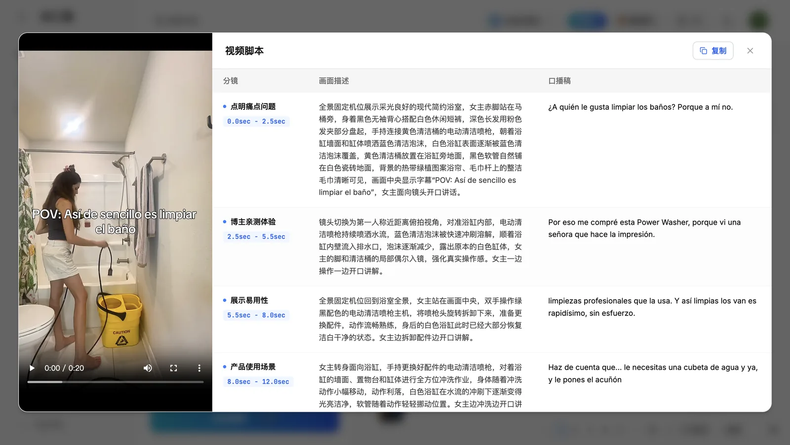 Clipcat 视频分析结果页，左侧视频预览，右侧按分镜输出画面描述与口播稿