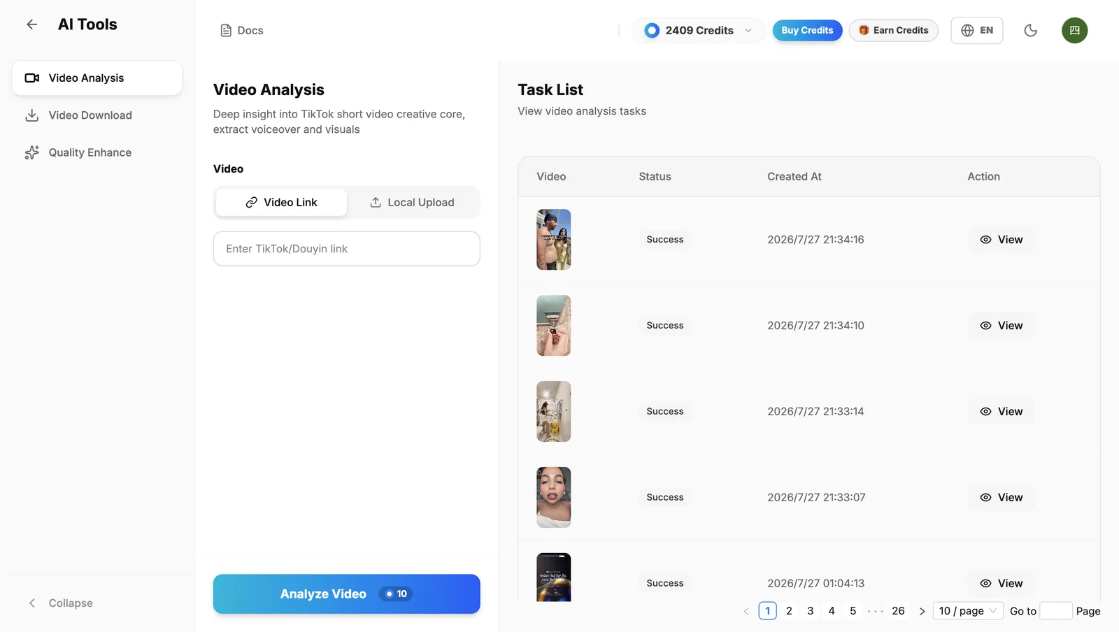 Clipcat Video Analysis input page where you paste a TikTok link or upload a video locally