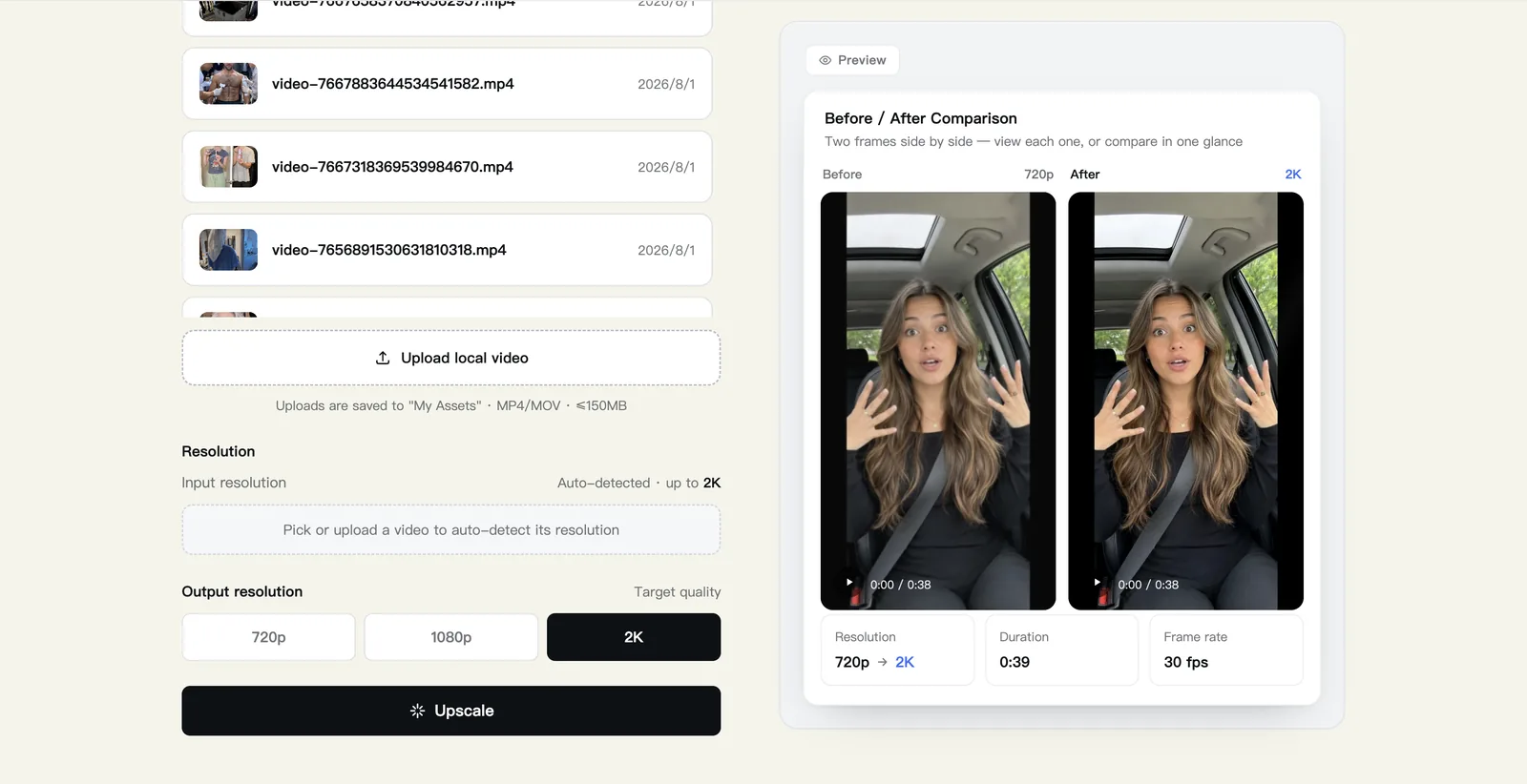 Clipcat Video Upscale interface: upload a low-resolution video and upscale to 720p / 1080p, with a before-and-after quality comparison