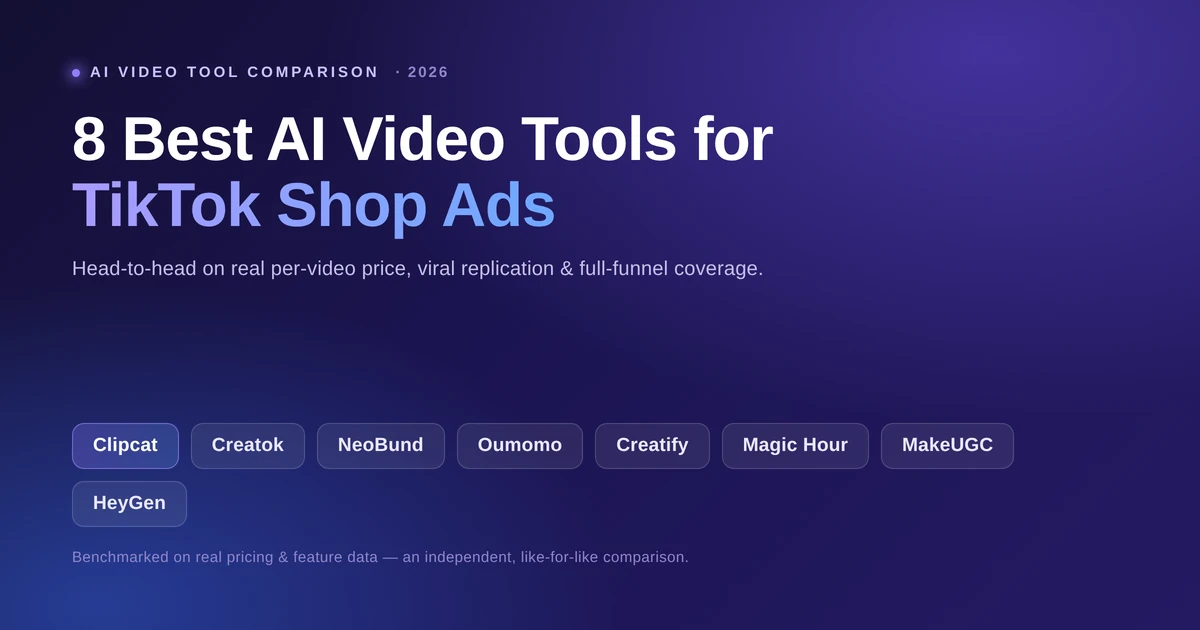 8 best AI video tools for TikTok Shop ads in 2026 compared: Clipcat, Creatok, NeoBund, Oumomo, Creatify, Magic Hour, MakeUGC and HeyGen