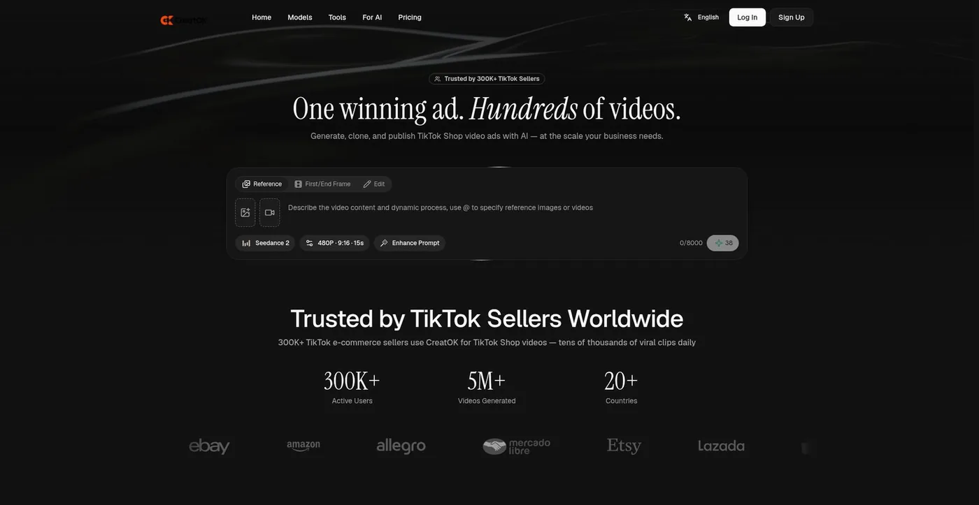 CreatOK homepage: one winning ad, hundreds of videos — generate, clone and publish TikTok Shop video ads with AI
