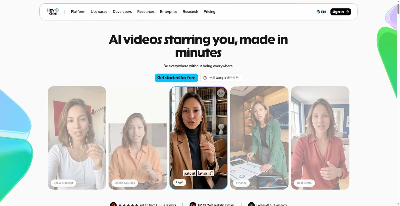 HeyGen homepage: AI videos starring you, made in minutes — realistic AI avatars for social content, courses and business