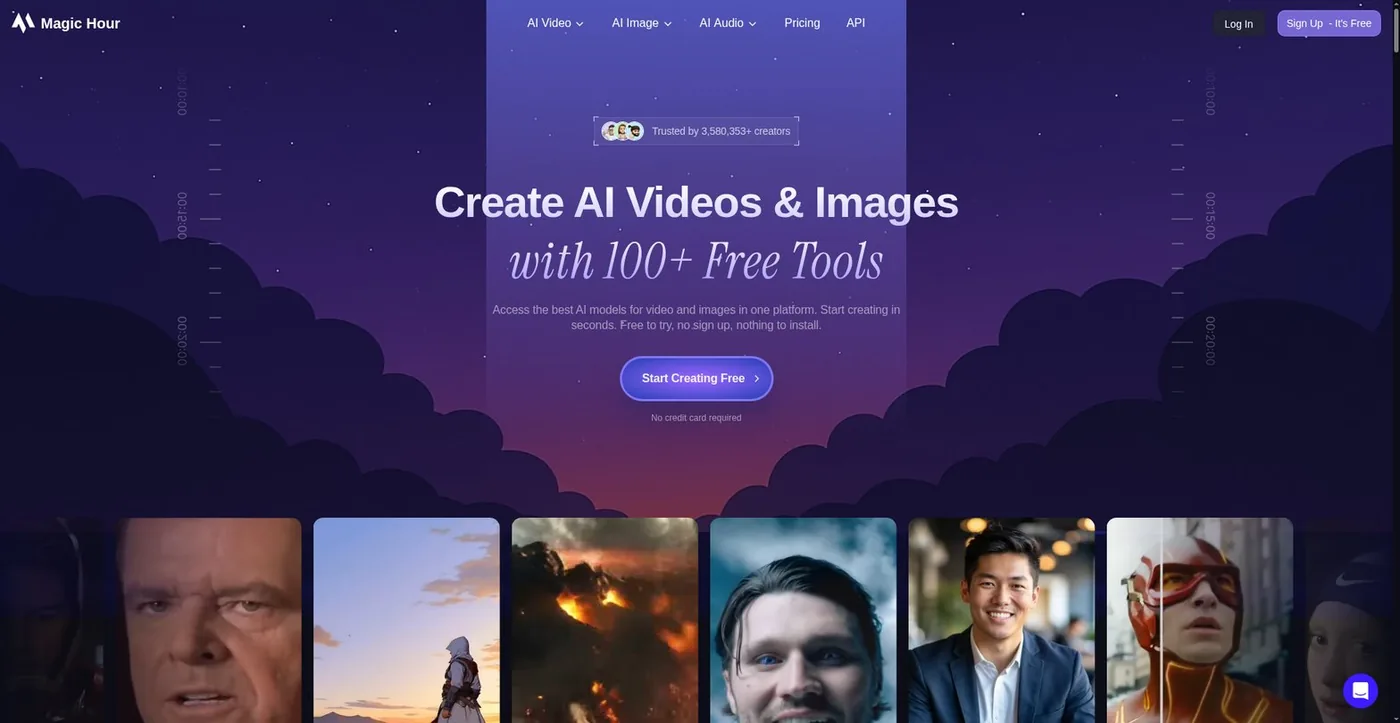 Magic Hour homepage: create AI videos and images with 100+ free tools, access the best AI models in one platform