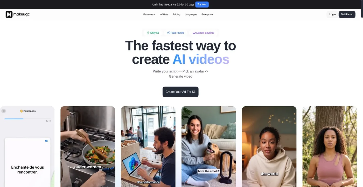 MakeUGC.ai homepage: the fastest way to create AI videos — write your script, pick an avatar, generate video