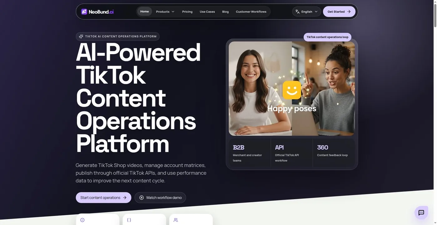 NeoBund.ai homepage: AI-powered TikTok content operations platform — generate TikTok Shop videos and publish through official TikTok APIs