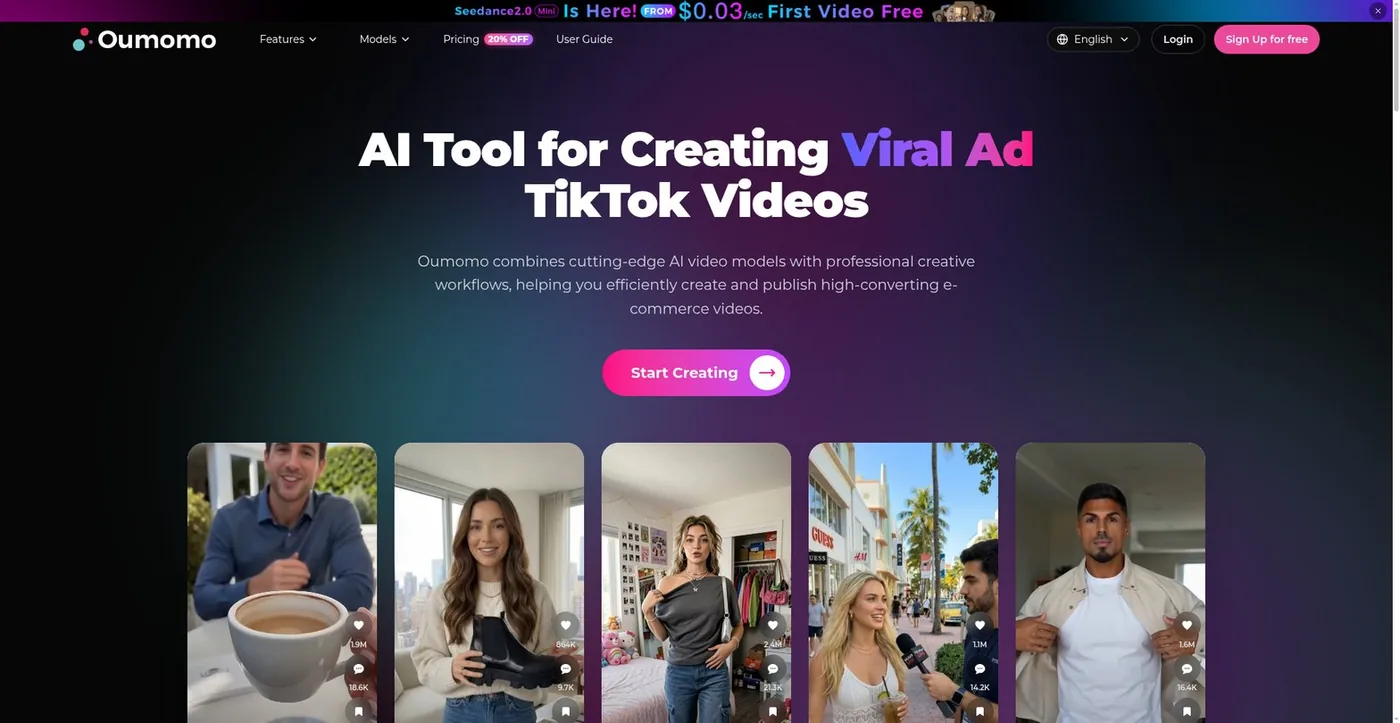 Oumomo homepage: AI tool for creating viral ad TikTok videos with cutting-edge AI models for high-converting e-commerce videos