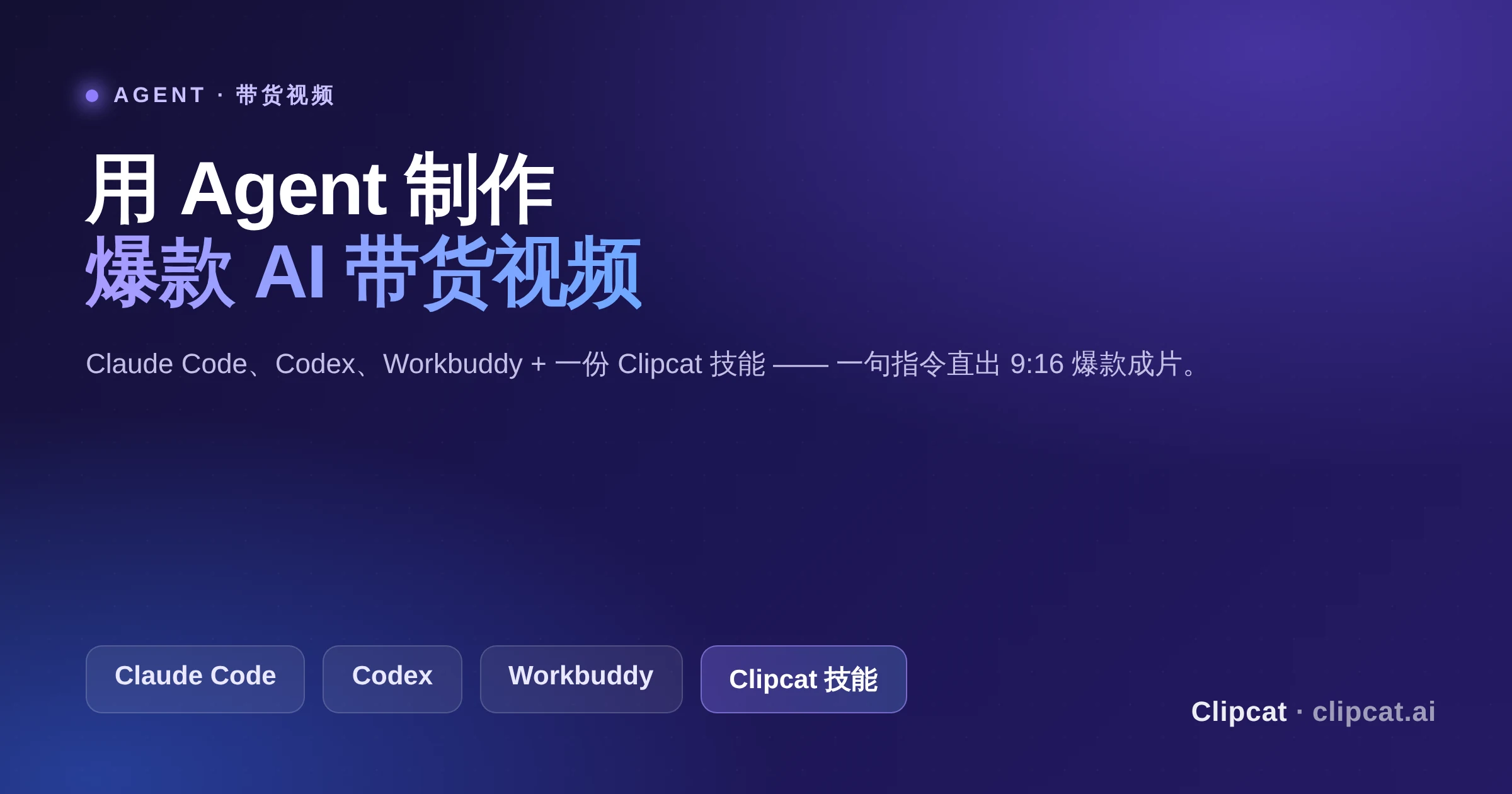 封面:用 Claude Code、Codex、Workbuddy 等 Agent 通过 Clipcat 技能制作爆款 AI 带货视频