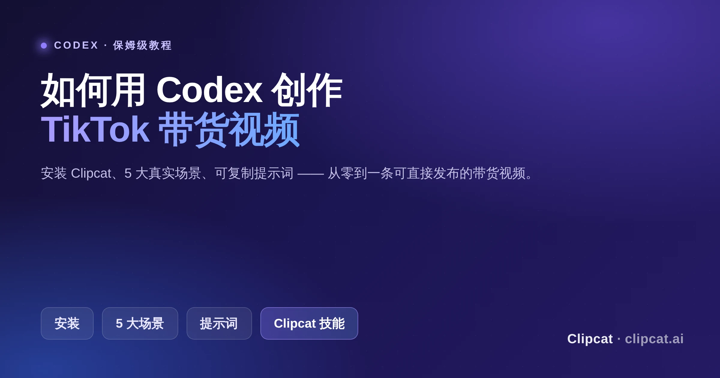 教程封面:如何通过 Codex 安装 Clipcat 技能并用 5 大场景创作 TikTok 带货视频