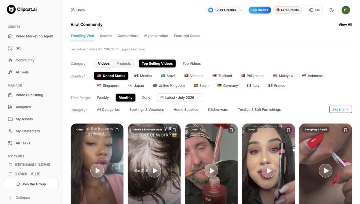 Clipcat Viral Community leaderboard — Top Selling Videos by country and category