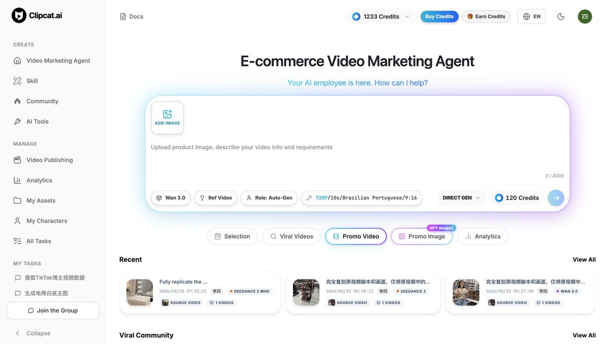 Clipcat e-commerce video-marketing Agent — one-click replicate of a viral template