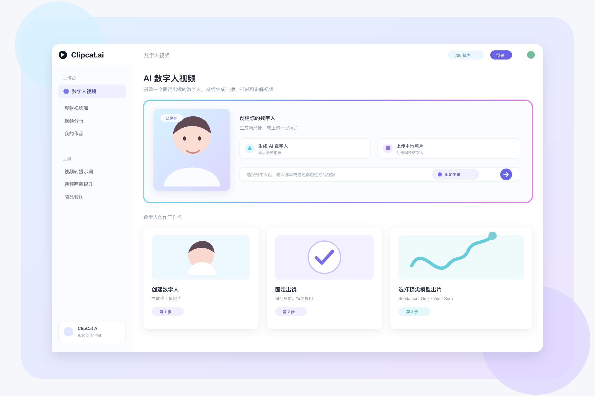 ClipCat AI 数字人视频工作台，展示创建数字人、固定出镜和选择模型流程