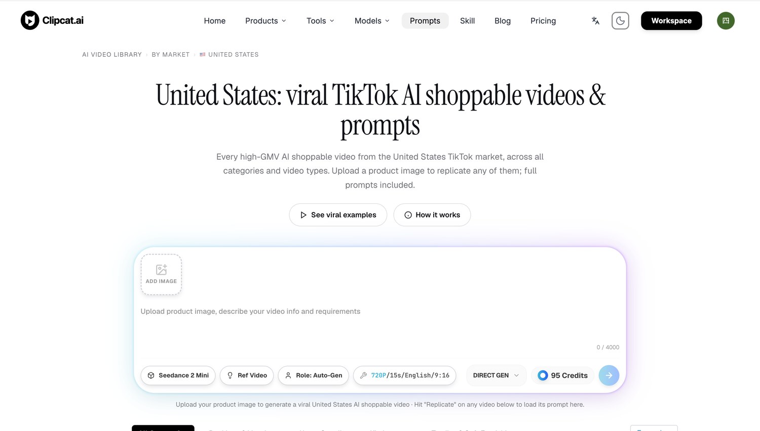 Clipcat US category page supporting filters by video type, top-level category and hook for US AI shoppable videos