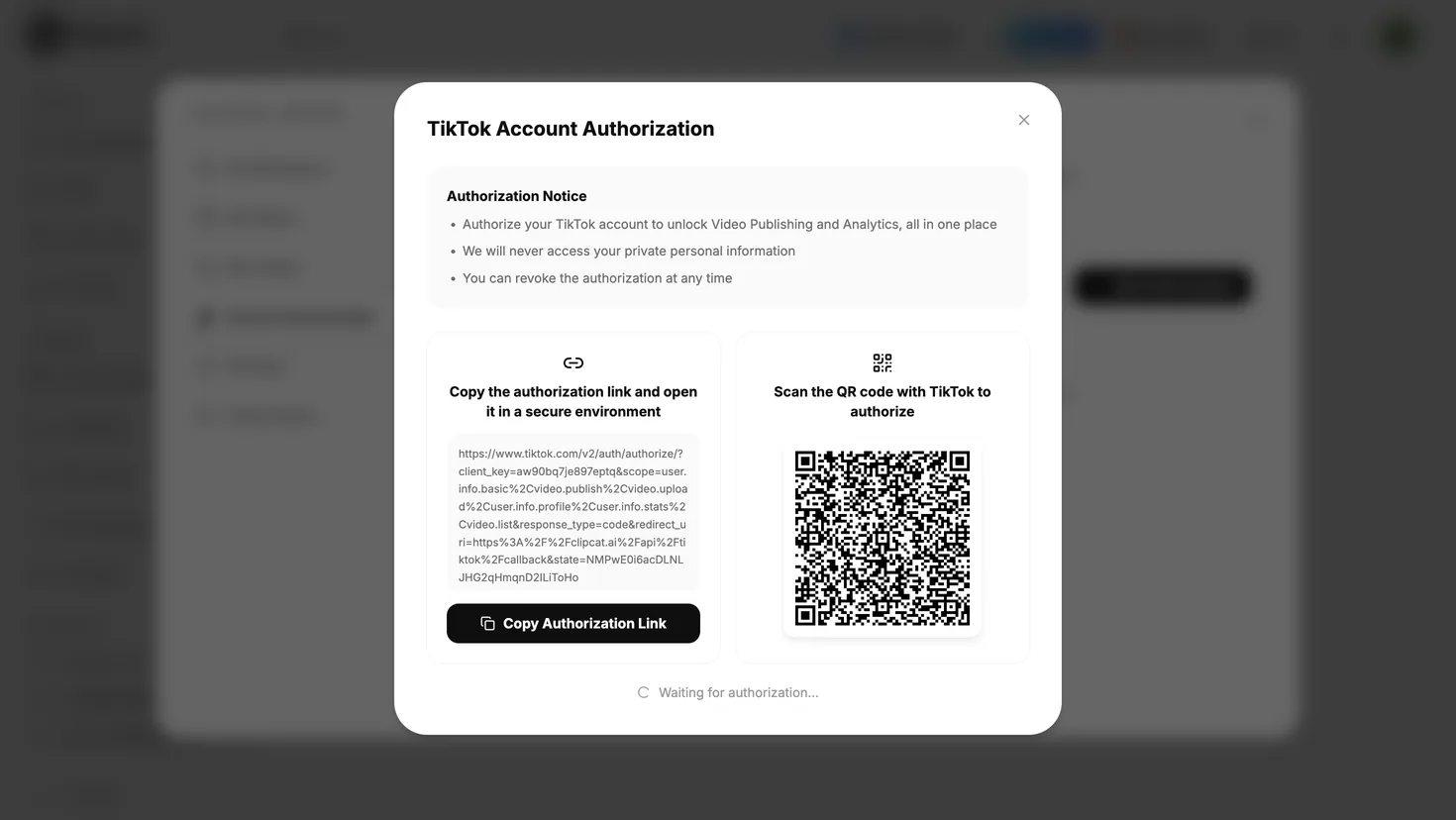 Clipcat TikTok account authorization dialog: copy the link to open in a safe environment, or scan the QR with TikTok