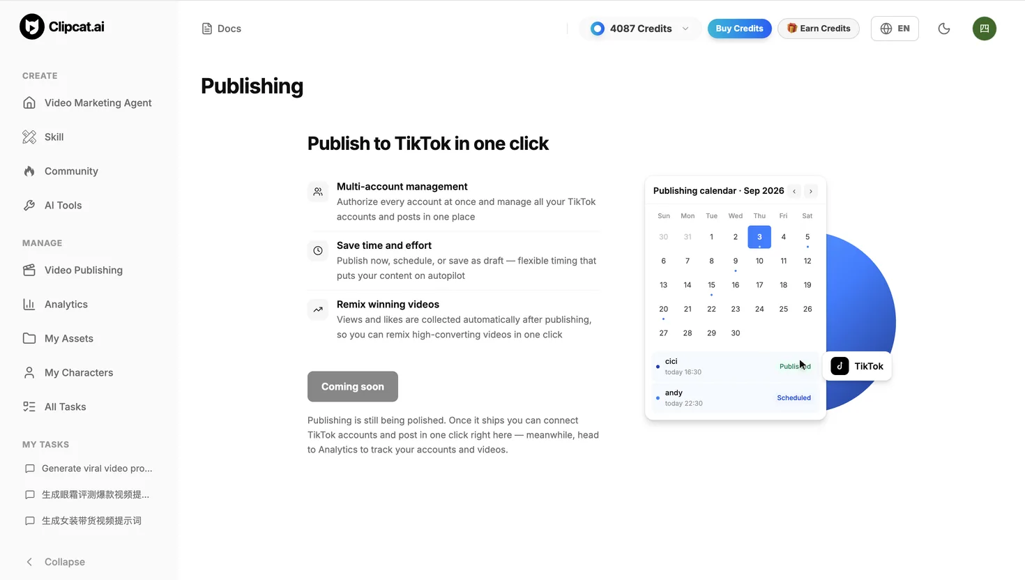Clipcat video publishing page: one-click publish to TikTok, multi-account management, and posting calendar (coming soon)