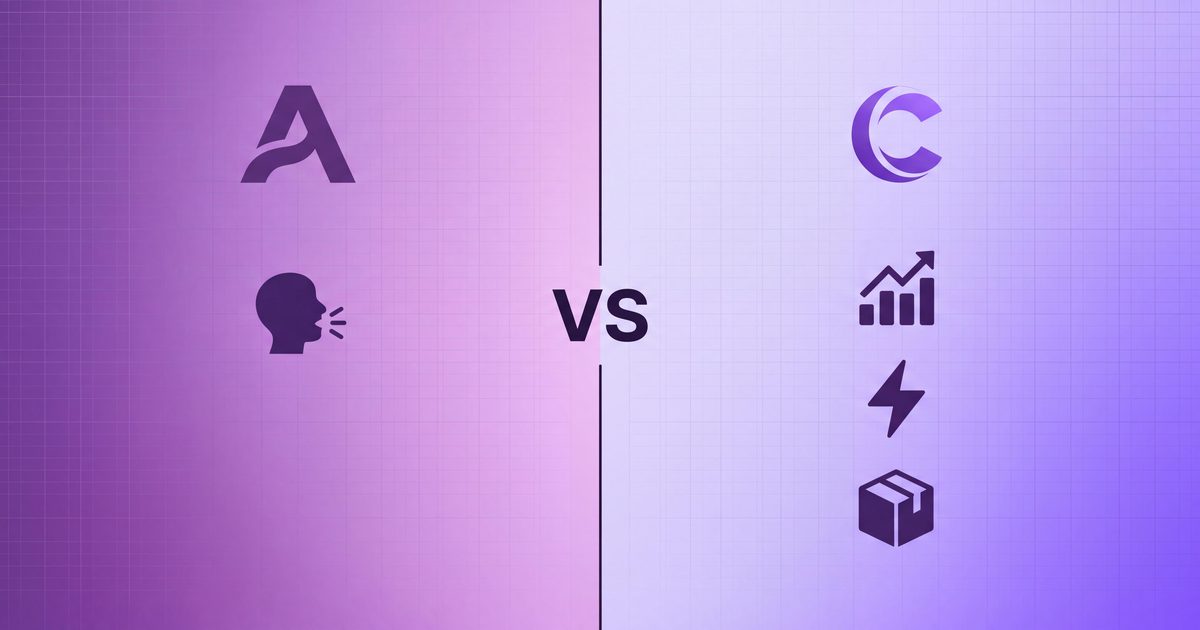 Split visual: Arcads on the left with a talking-head icon, Clipcat on the right with viral-discover, replicate, and analytics icons stacked, vs divider in the middle
