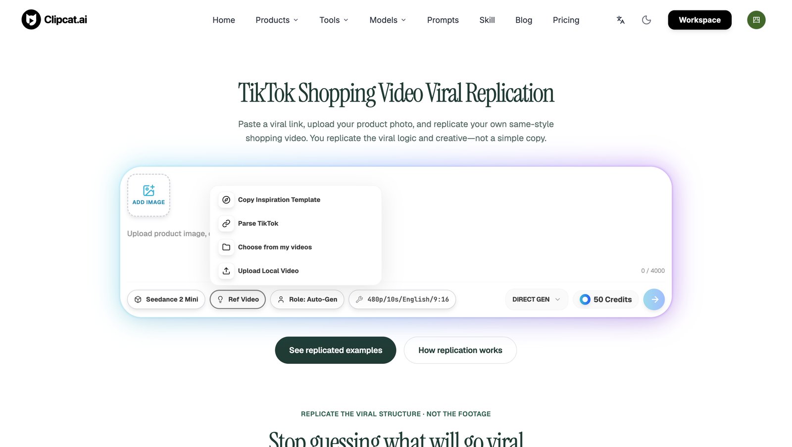 Clipcat TikTok Shopping Video Viral Replication tool page screenshot: hero title 'TikTok Shopping Video Viral Replication' above the upload-product-image and reference-video input panel