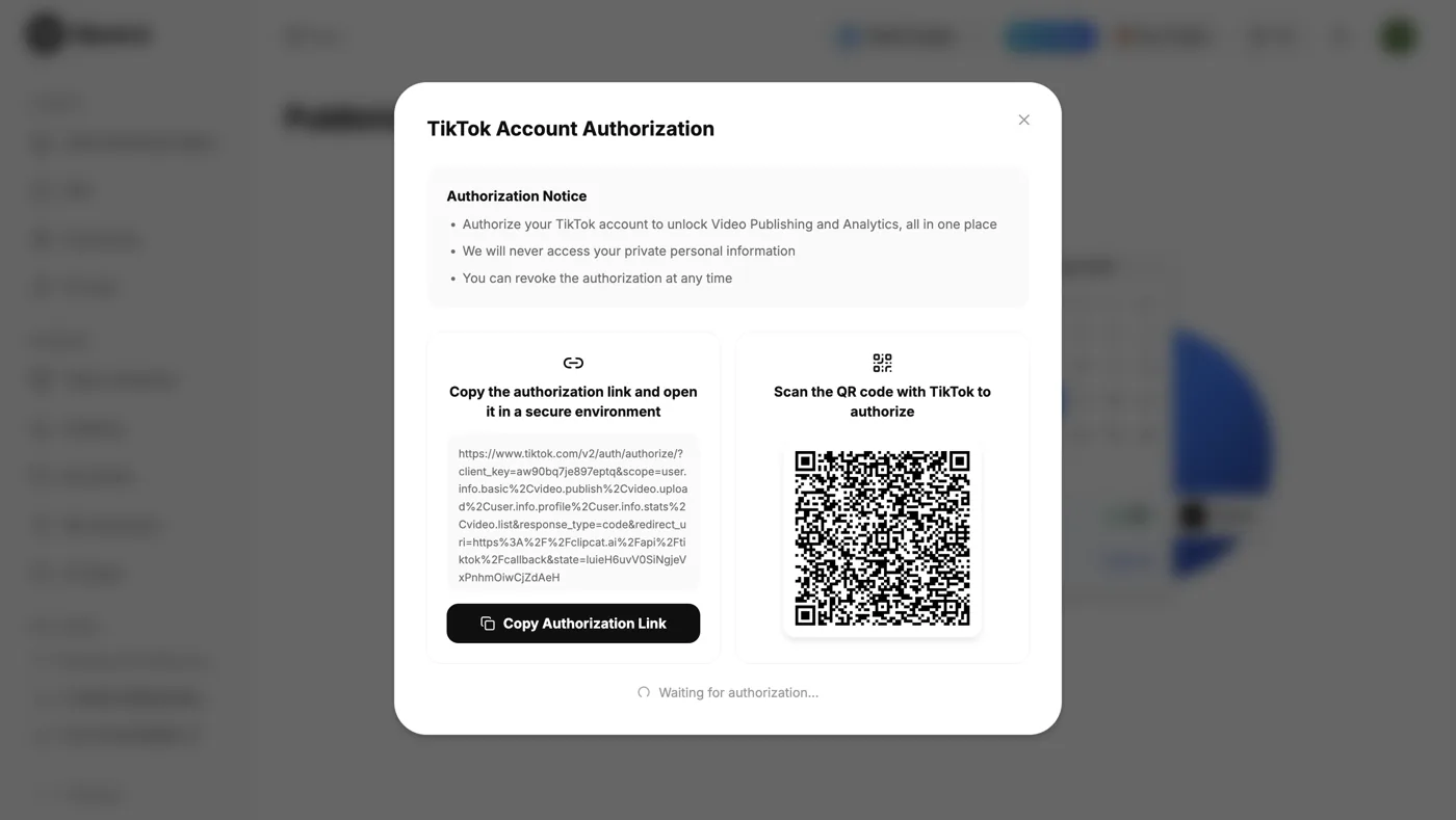 Clipcat TikTok Account Authorization dialog: copy the authorization link or scan the QR code with TikTok