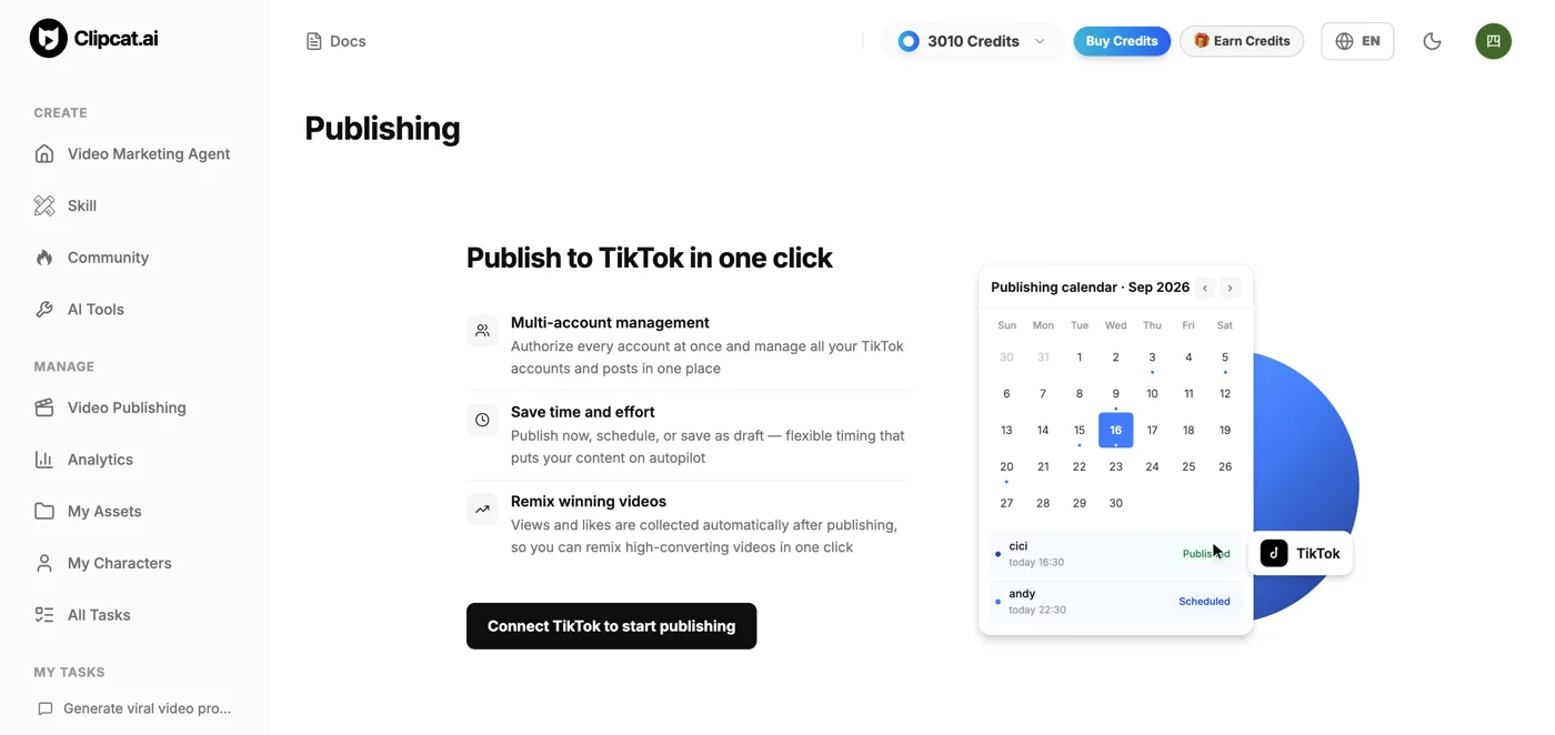 Clipcat Video Publishing home: publish to TikTok in one click with multi-account management, scheduling, and remix winning videos