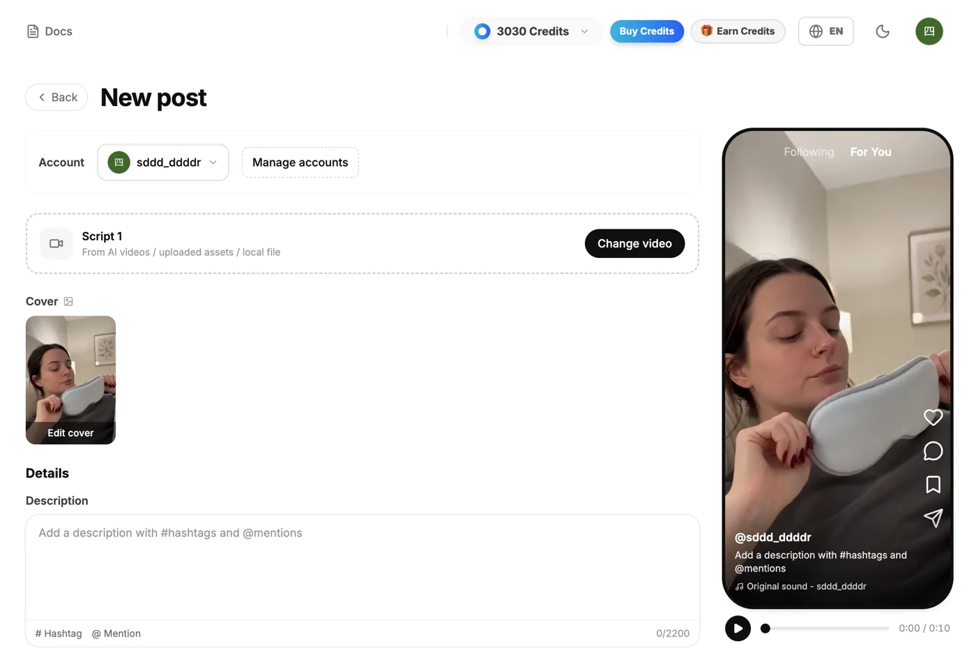 Clipcat New Post page: choose the target TikTok account, edit cover, preview the video, and fill in title, hashtags and details
