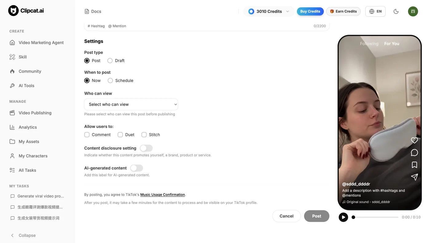 Clipcat publish settings: Post type Post or Draft, When to post Now or Schedule, Who can view, Allow users to Comment Duet Stitch, Content disclosure setting, AI-generated content