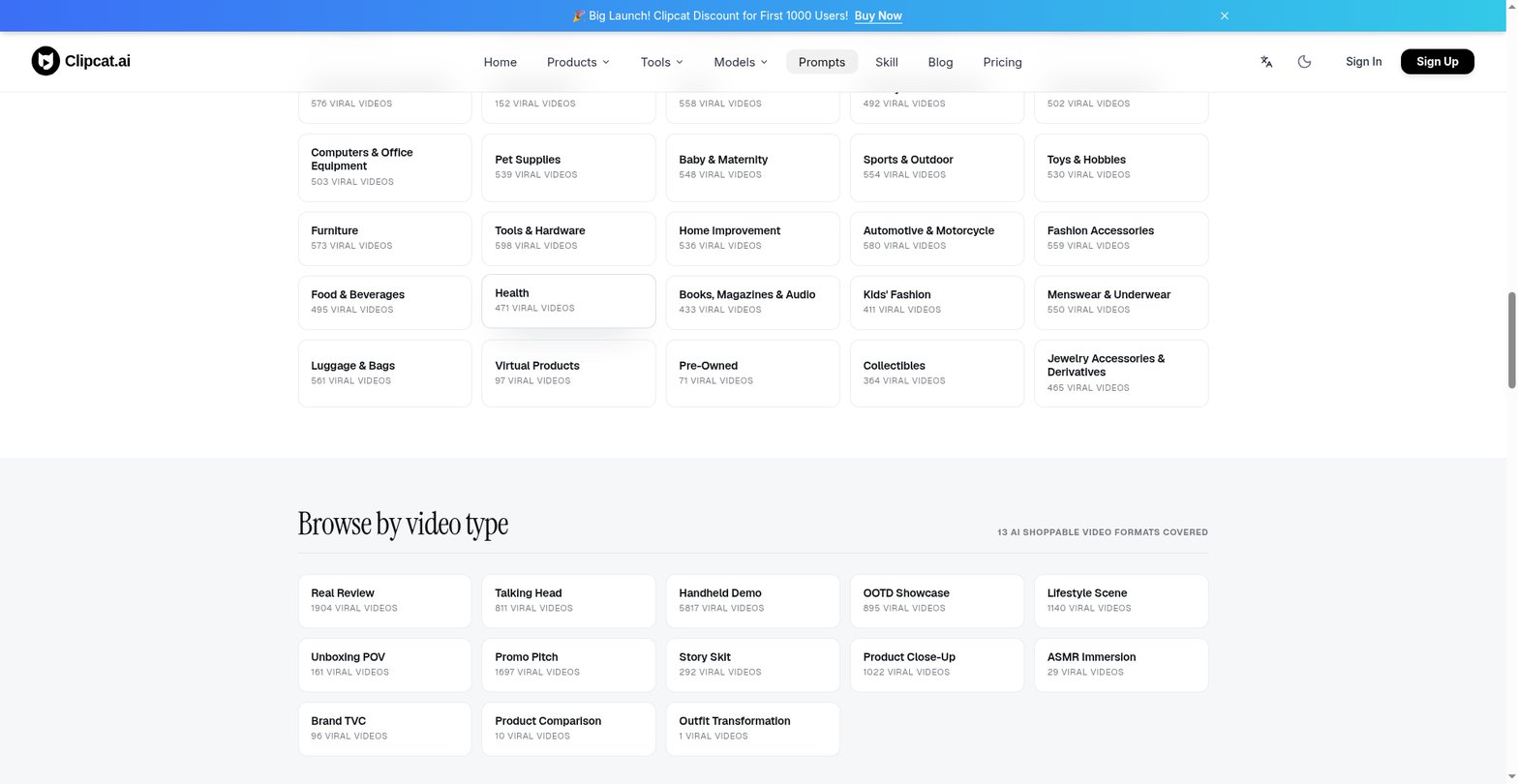 Clipcat prompt library browse-by-video-type panel, covering the sample distribution across 13 AI shoppable video formats