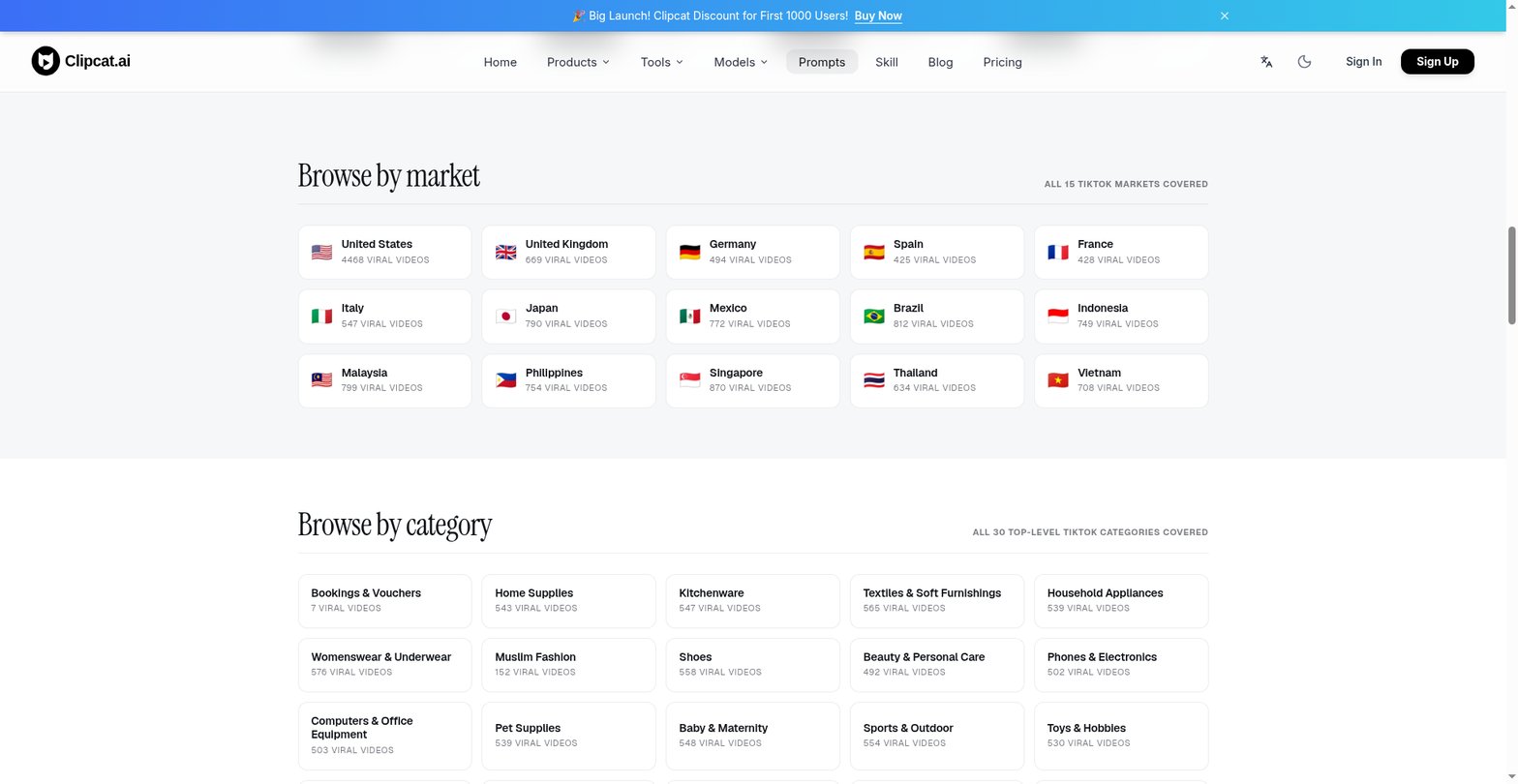 Clipcat prompt library browse-by-country and browse-by-category panels, covering all 15 TikTok markets and 30 first-level categories