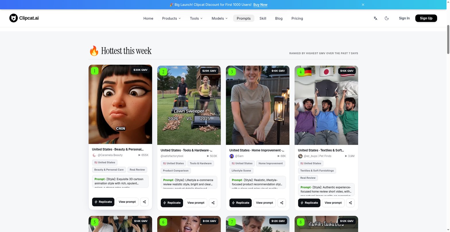 Clipcat viral prompt library top-GMV cards, showing GMV badges, markets, categories, formats and structured prompts