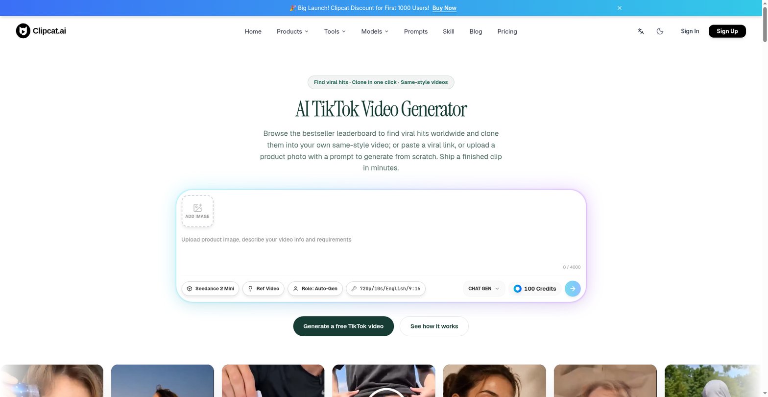 Clipcat AI TikTok video generator input page, supporting product image + prompt or paste a viral link to generate a same-style video