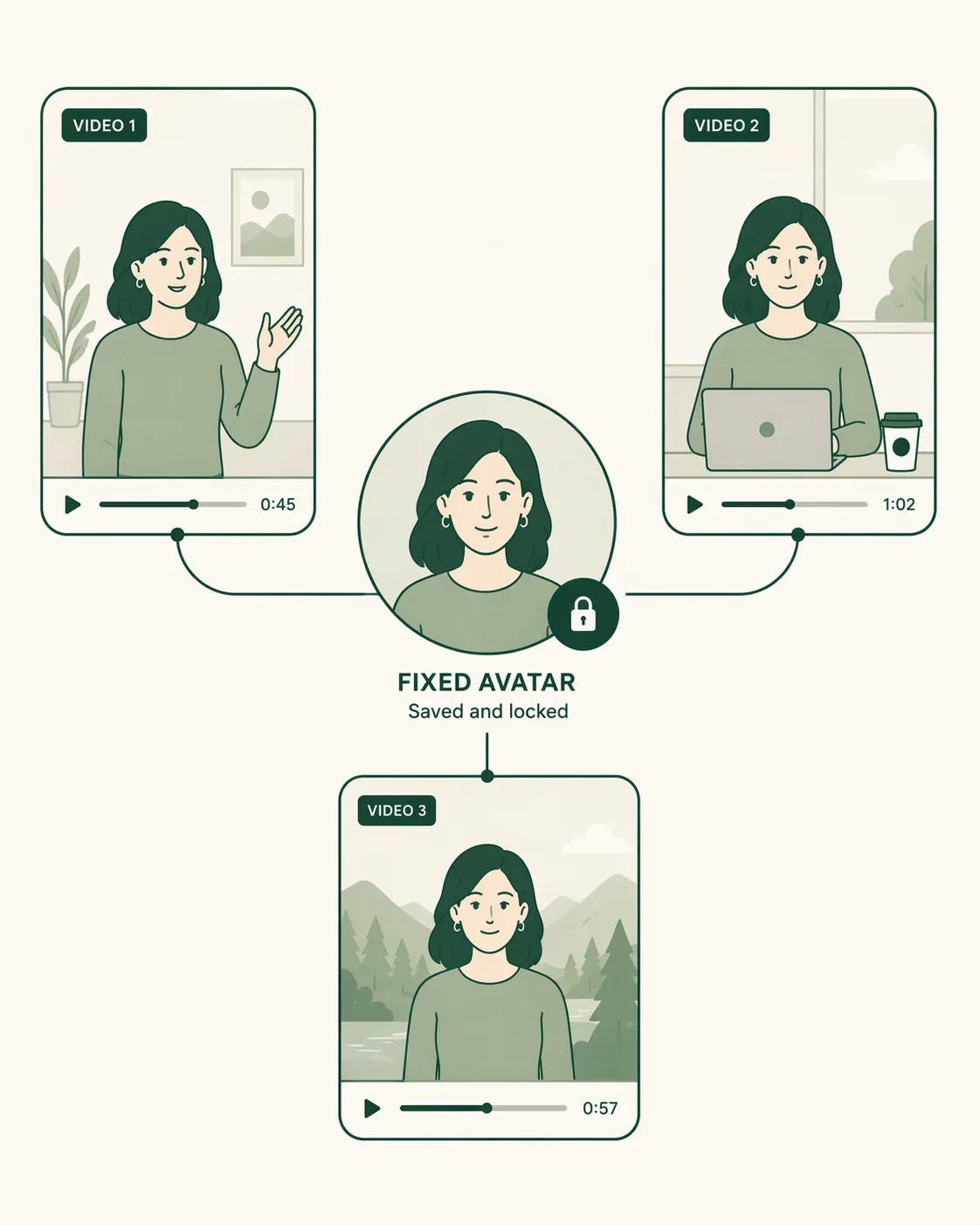 Set up your avatar once and it stays saved to appear on-camera consistently across every video you generate