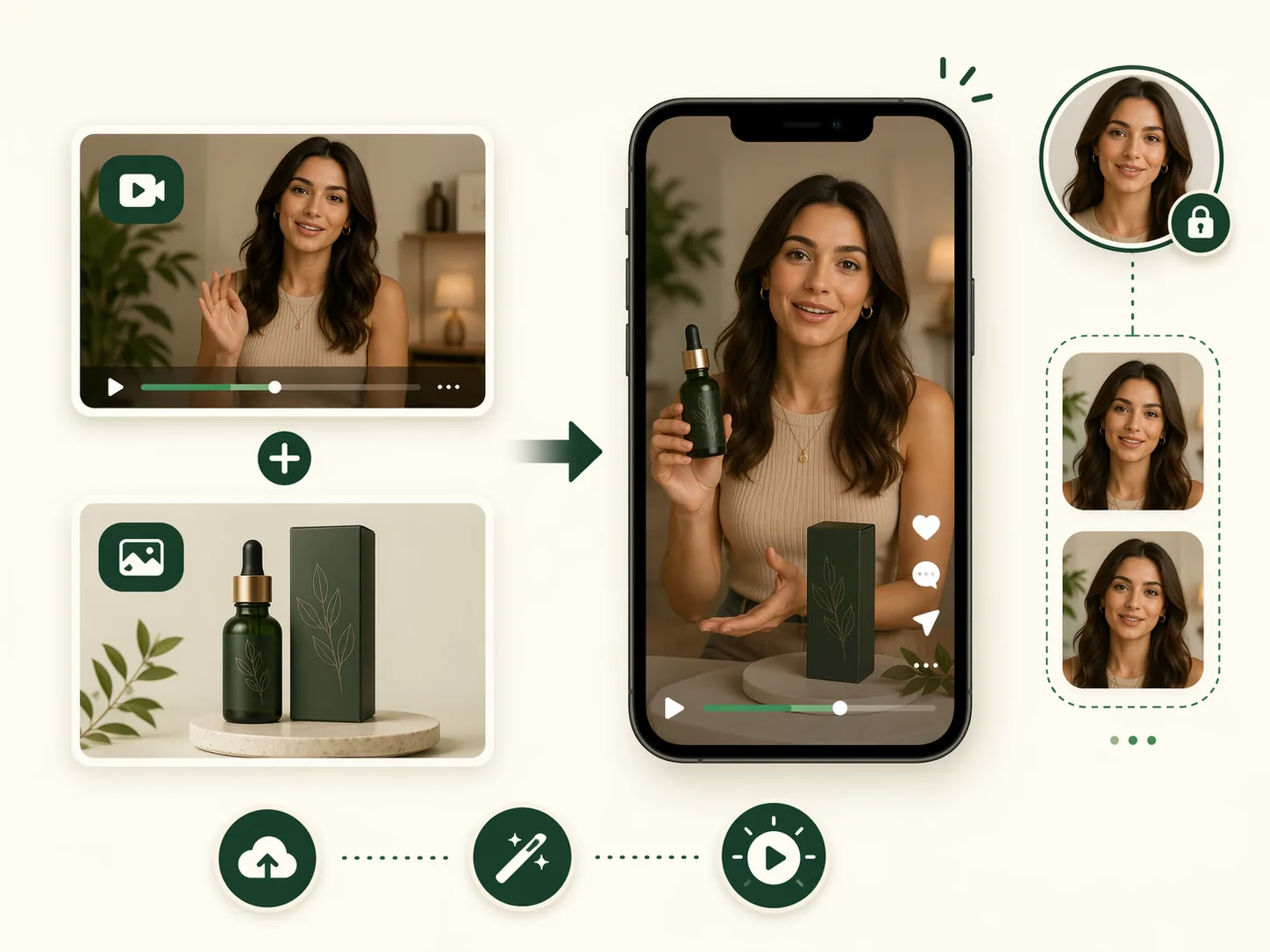 Pick a reference video, upload a product photo to generate a same-style video in one click, and lock the same on-camera character for a consistent series