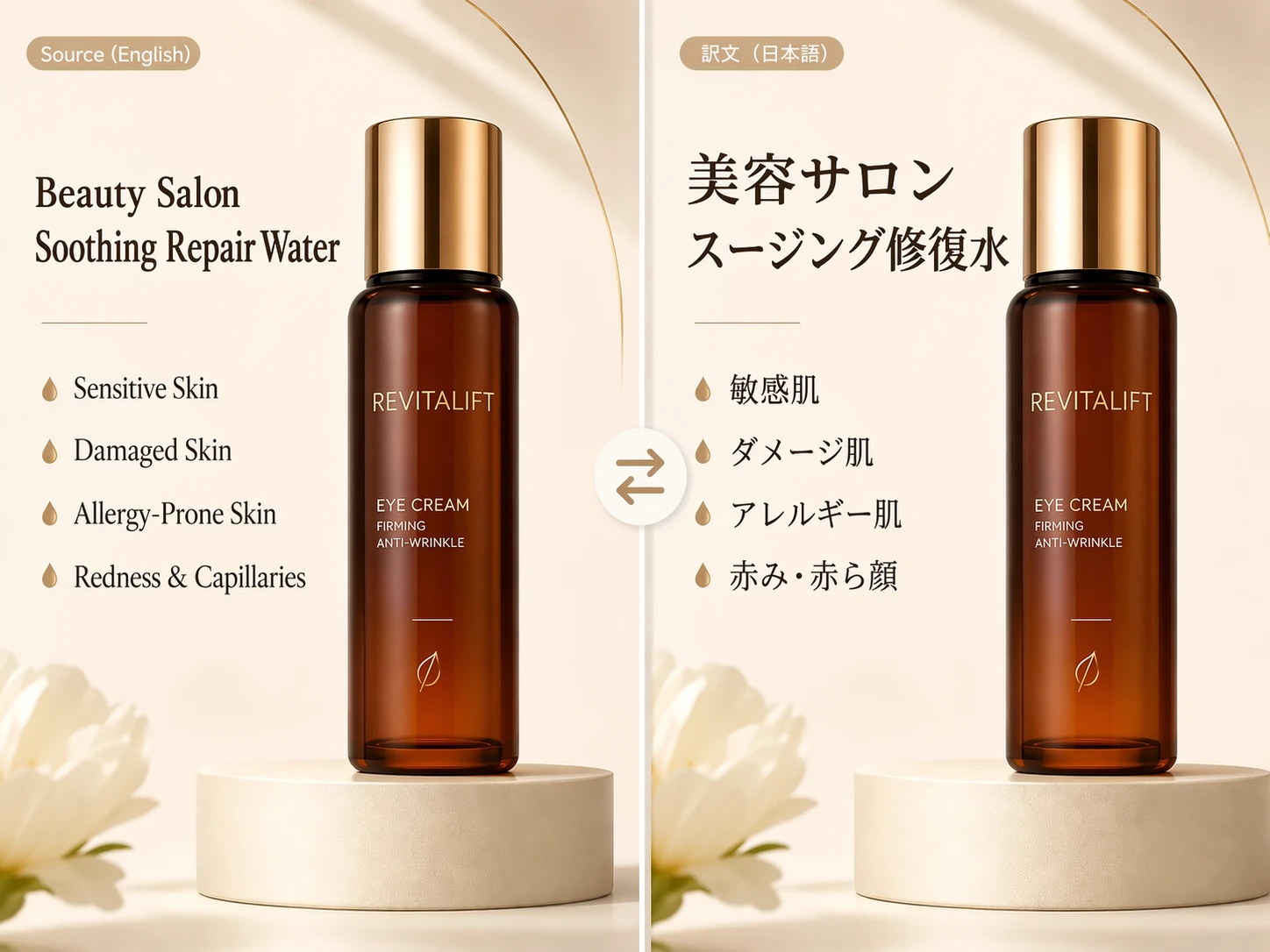 Product detail image translated from English to Japanese, side by side
