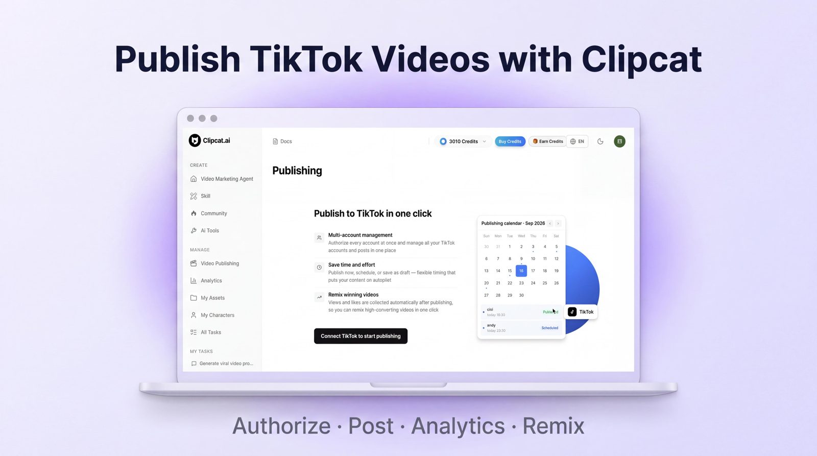 Publish TikTok Videos with Clipcat: One-Click + Analytics